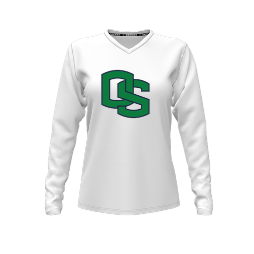 [CUS-DFW-TEES-CMF-VNK-LSL-WHT-FYXS-LOGO3] Decker Comfort T-Shirt (Female Youth XS, White, V Neck, Logo 3, Long Sleeve)