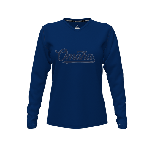 [CUS-DFW-TEES-CMF-VNK-LSL-NVY-FYXS-LOGO1] Decker Comfort T-Shirt (Female Youth XS, Navy, V Neck, Logo 1, Long Sleeve)