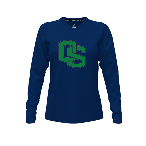 [CUS-DFW-TEES-CMF-VNK-LSL-NVY-FYXS-LOGO3] Decker Comfort T-Shirt (Female Youth XS, Navy, V Neck, Logo 3, Long Sleeve)