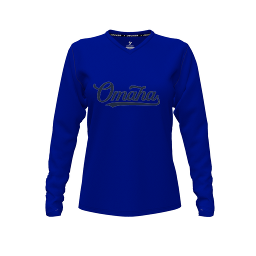 [CUS-DFW-TEES-CMF-VNK-LSL-RYL-FYXS-LOGO1] Decker Comfort T-Shirt (Female Youth XS, Royal, V Neck, Logo 1, Long Sleeve)