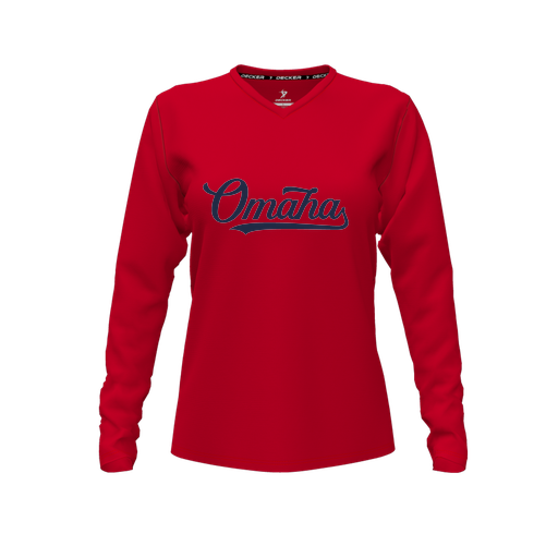 [CUS-DFW-TEES-CMF-VNK-LSL-RED-FYXS-LOGO1] Decker Comfort T-Shirt (Female Youth XS, Red, V Neck, Logo 1, Long Sleeve)