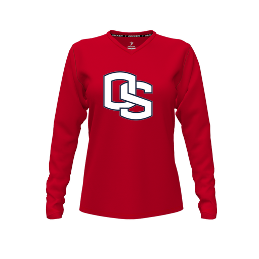 [CUS-DFW-TEES-CMF-VNK-LSL-RED-FYXS-LOGO2] Decker Comfort T-Shirt (Female Youth XS, Red, V Neck, Logo 2, Long Sleeve)