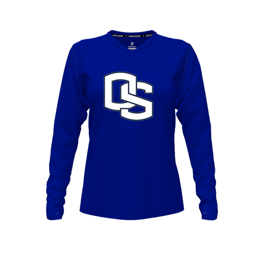 [CUS-DFW-TEES-PER-VNK-LSL-RYL-FYXS-LOGO2] Decker Performance T-Shirt (Female Youth XS, Royal, V Neck, Logo 2, Long Sleeve)
