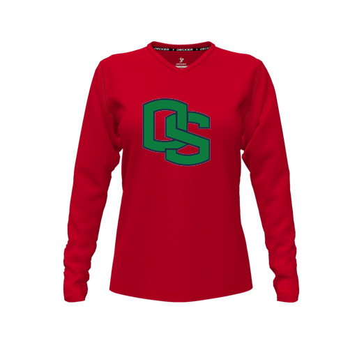 [CUS-DFW-TEES-PER-VNK-LSL-RED-FYXS-LOGO3] Decker Performance T-Shirt (Female Youth XS, Red, V Neck, Logo 3, Long Sleeve)